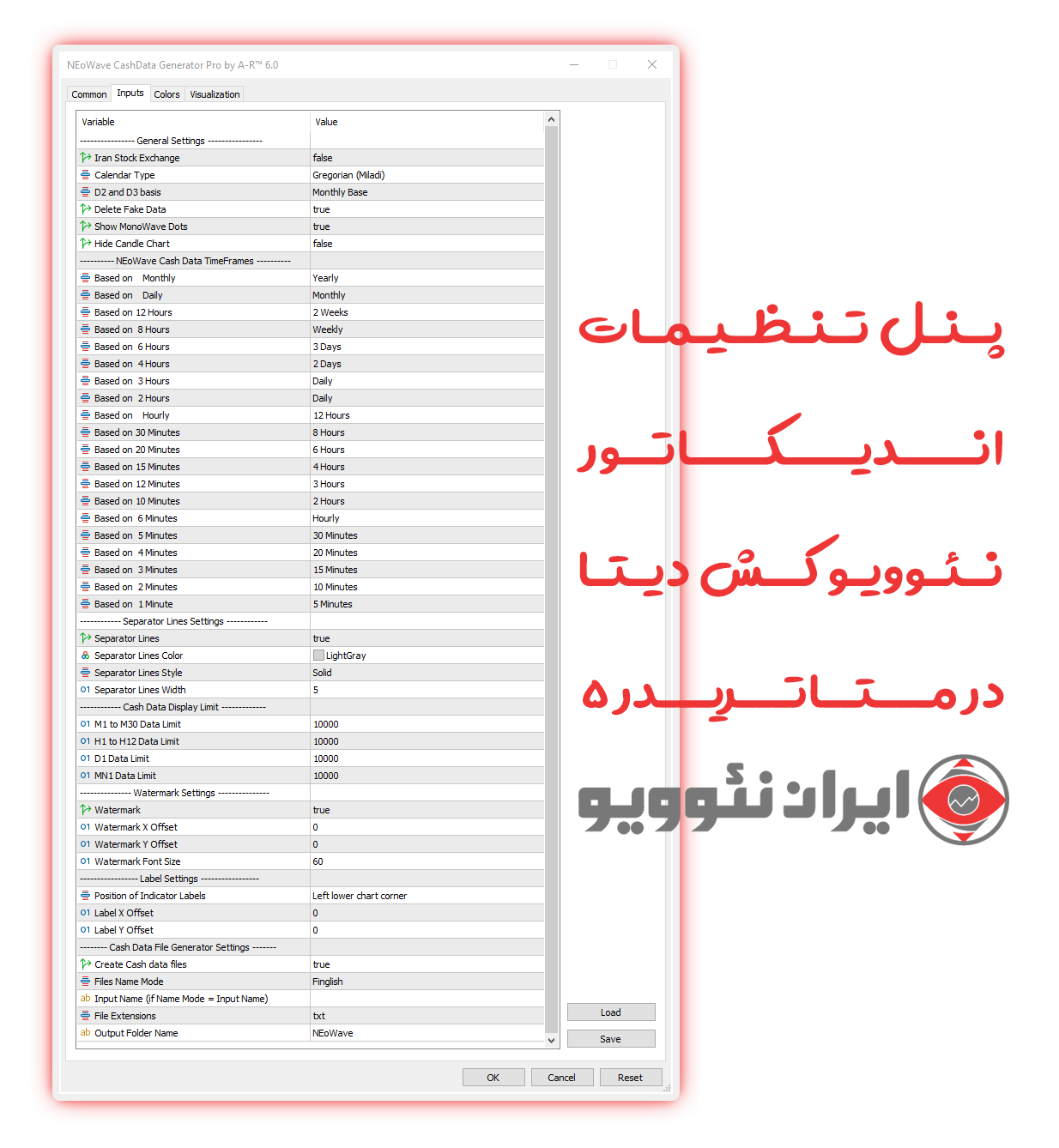 پنل تنظیمات اندیکاتور تولید نئوویو کش دیتا پرو